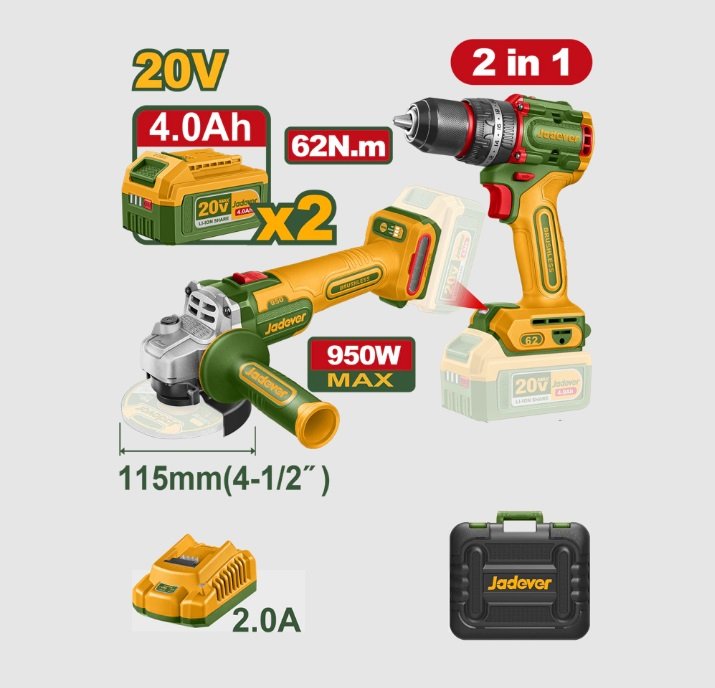 KIT AMOLADORA ANG 4 1/2 + TALADRO PERCUTOR C/ BAT JADEVER