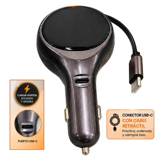 CARGADOR RAPIDO USB-C PARA AUTO DE 60W RETRACTIL JA